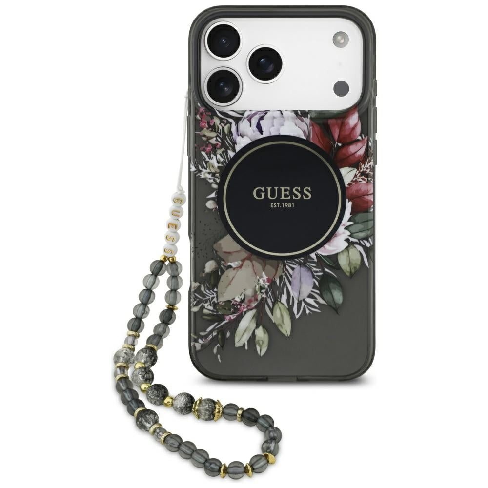 Guess - IML Flowers with Pearl Strap MagSafe (GUHMP17XHFWBRCESK) - iPhone 17 Pro Max - Black