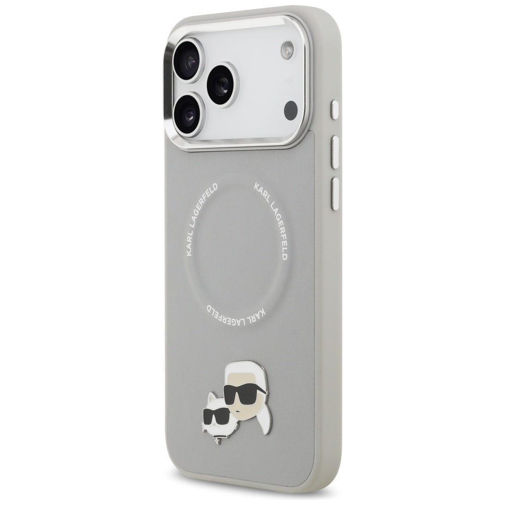 Karl Lagerfeld - Leather Karl & Choupette Pins MagSafe (KLHMP17LPSMLRKCG) - iPhone 17 Pro - Gray