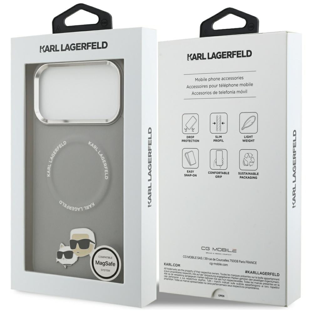 Karl Lagerfeld - Leather Karl & Choupette Pins MagSafe (KLHMP17LPSMLRKCG) - iPhone 17 Pro - Gray