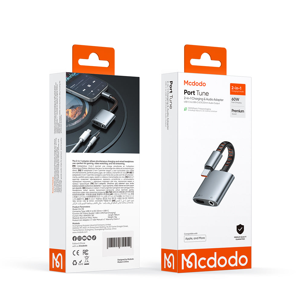 Mcdodo - Audio Adapter (CA-3120) - USB-C to USB-C & DC 3.5mm, PD60W, Premium Sound Quality, Aluminum Alloy/Nylon, 0.1m - Gray