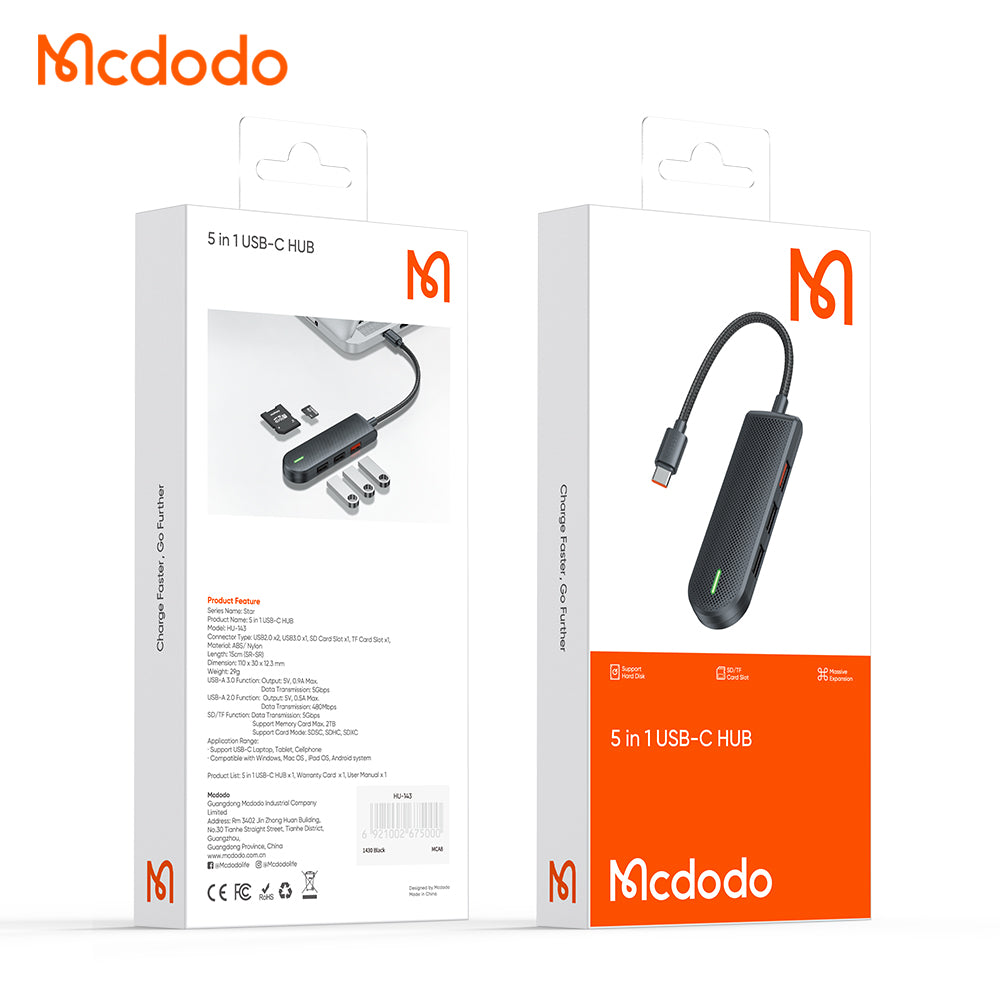 Mcdodo - Hub Star Series (HU-1430) - 5in1, 2x USB2.0, USB3.0, SD/TF Card Slot, 5Gbps, ABS+Nylon, Type-C Cable, 15cm - Black