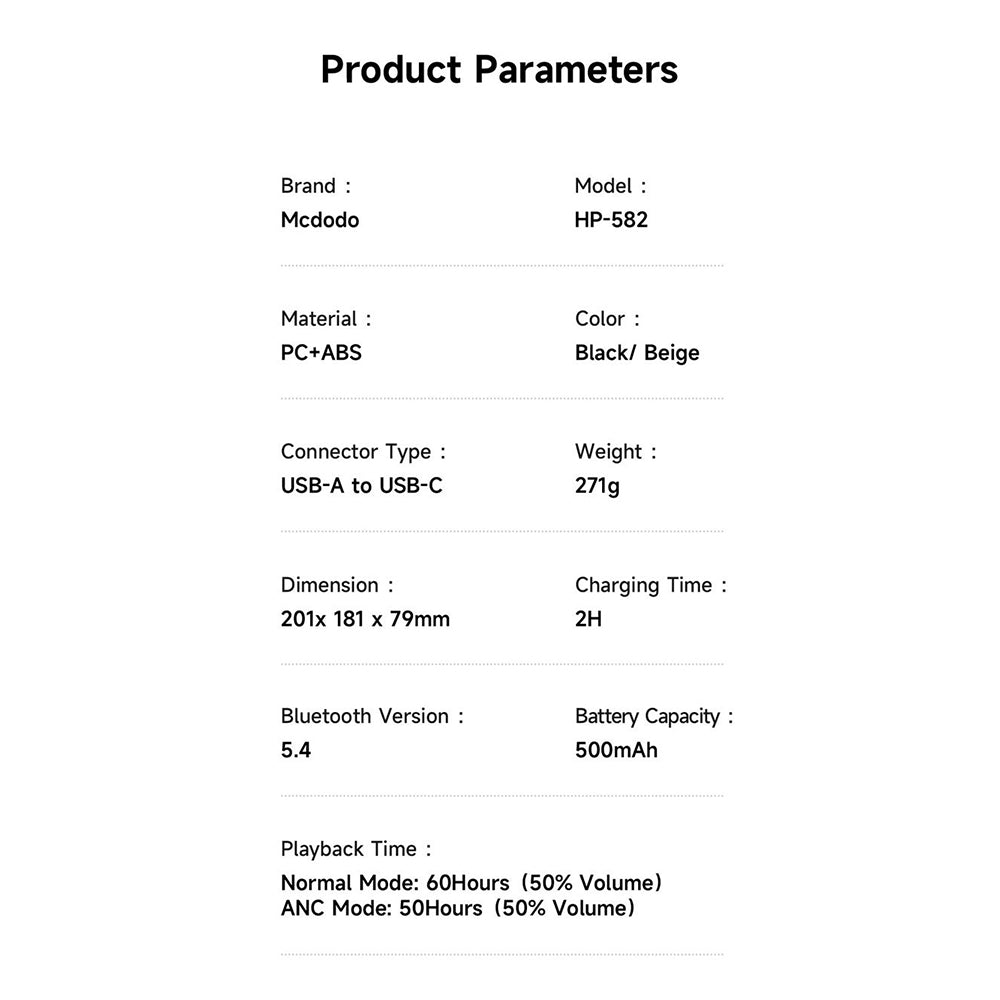 Mcdodo - Wireless Headphones T03 Series (HP-5820) - On-Ear, Bluetooth V5.4, 500mAh, ANC Technology - Black