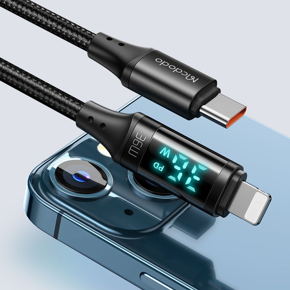 Mcdodo - Data Cable (CA-1030) - Type-C to Lightning, with Digital Display, Nylon Braided, Aluminum Alloy, 36W, 1.2m - Black