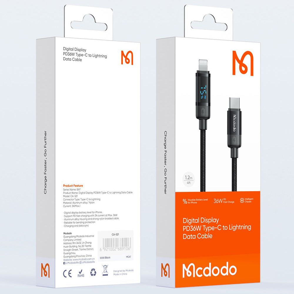 Mcdodo - Data Cable BAT Series (CA-5210) - USB-C to Lightning, 36W, Digital Display, 1.2m - Black