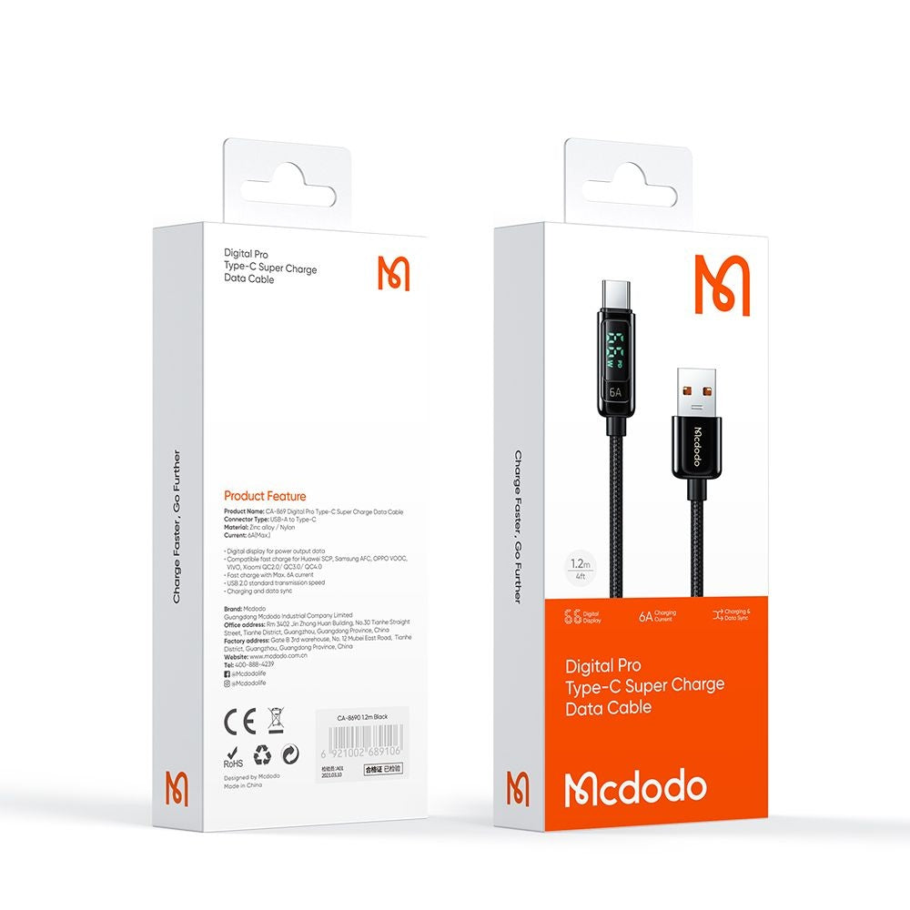 Mcdodo - Data Cable (CA-8690) - USB-A to USB-C, 6A, Digital Display, 1.2m - Black