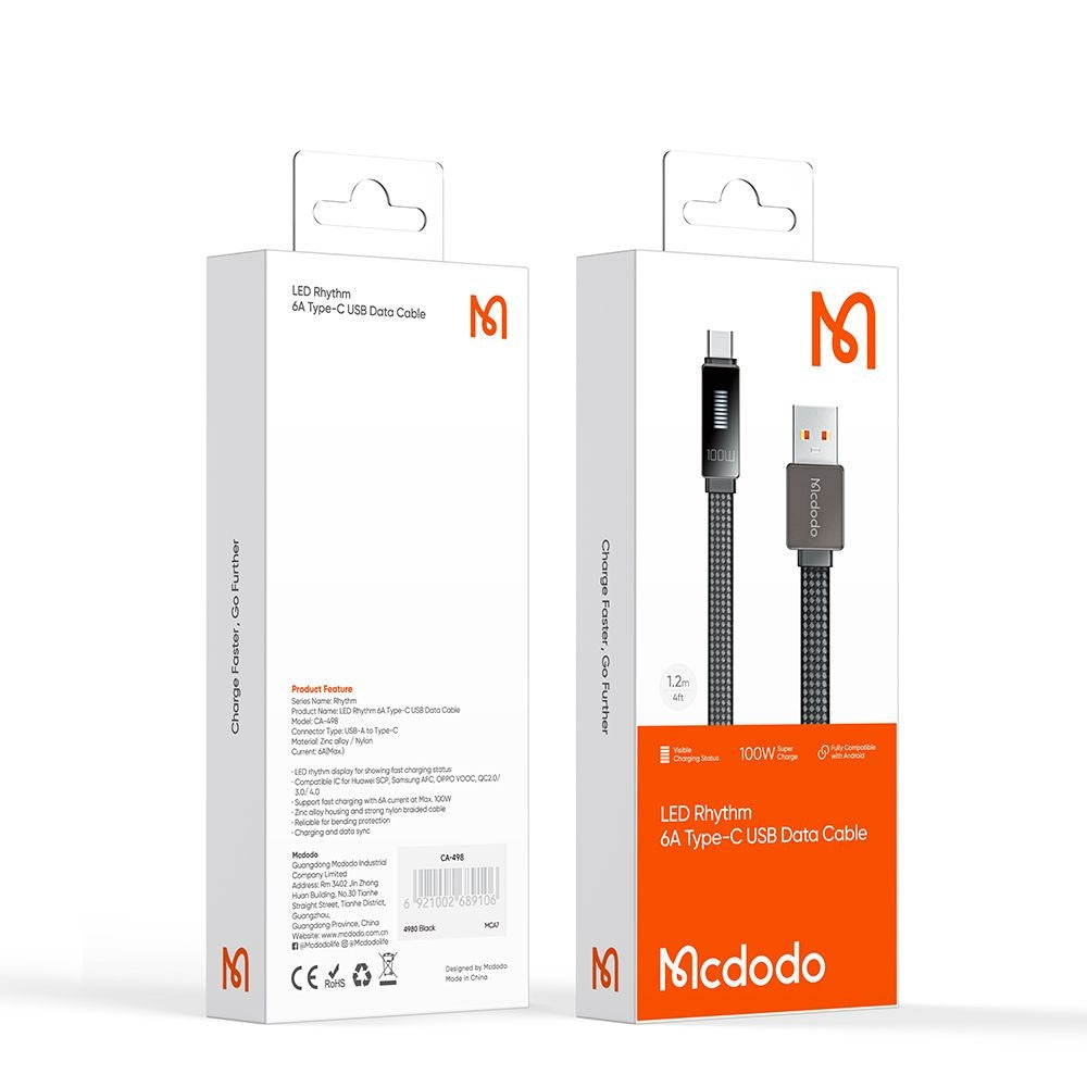 Mcdodo - Data Cable Rythm Series (CA-4980) - USB-A to Type-C, 6A, LED Display, Fast Charging, 1.2m - Black