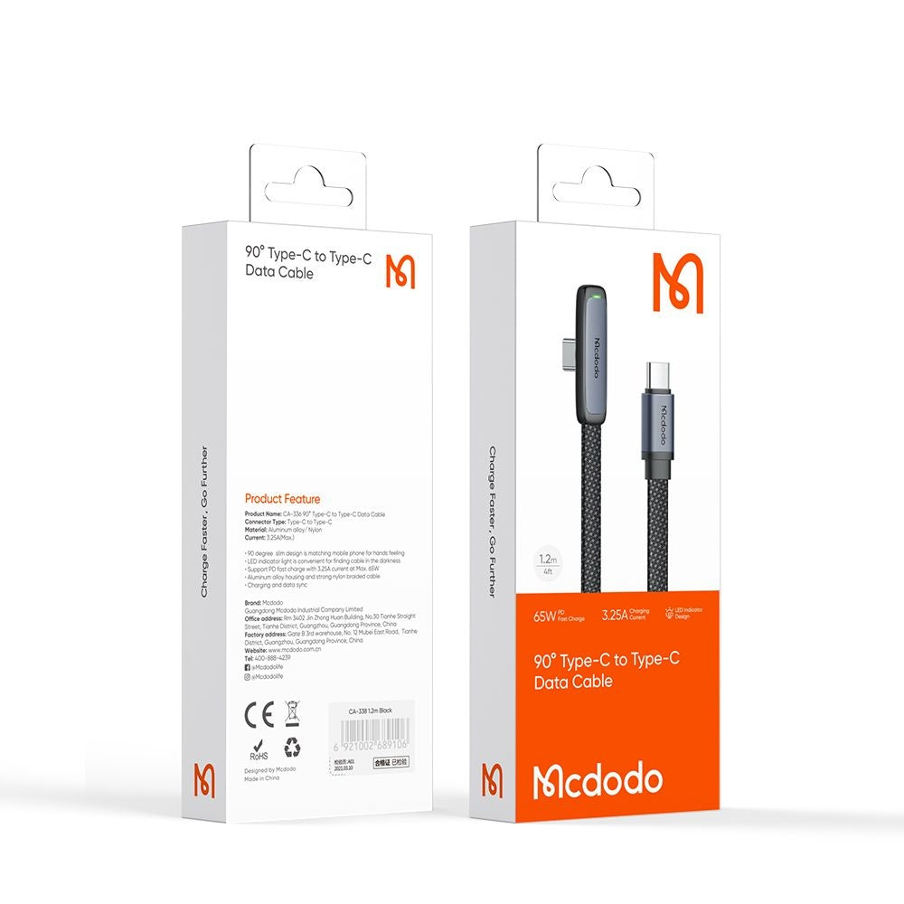 Mcdodo - Data Cable (CA-3360) - USB-C to USB-C, 90 Degree Design, 65W, LED Indicator, 1.2m - Black