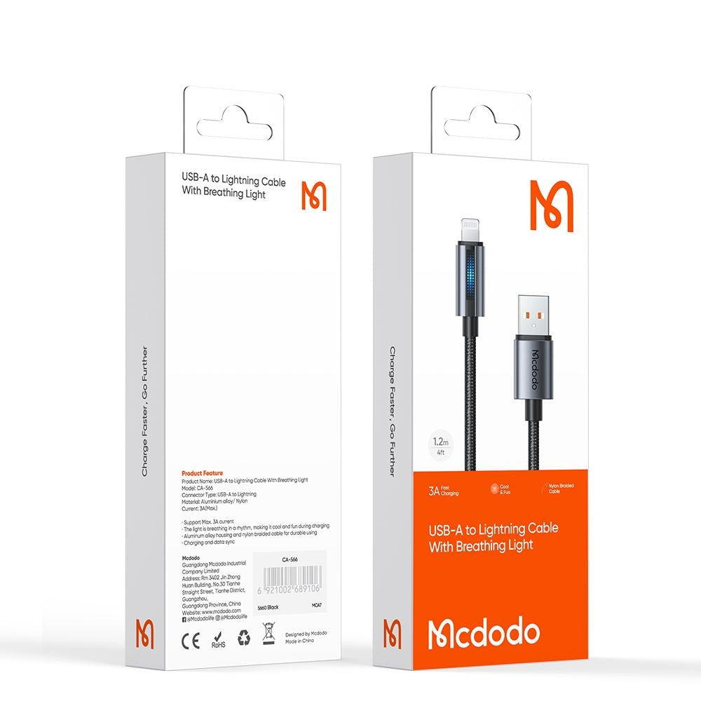 Mcdodo - Data Cable (CA-5660) - with Breathing Light, USB-A to Lightning, 3A, 1.2m - Black
