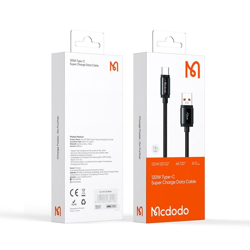 Mcdodo - Data Cable (CA-4730) - USB-A to Type-C, Fast Charging, 6A, 120W, LED Indicator, 1.5m - Black