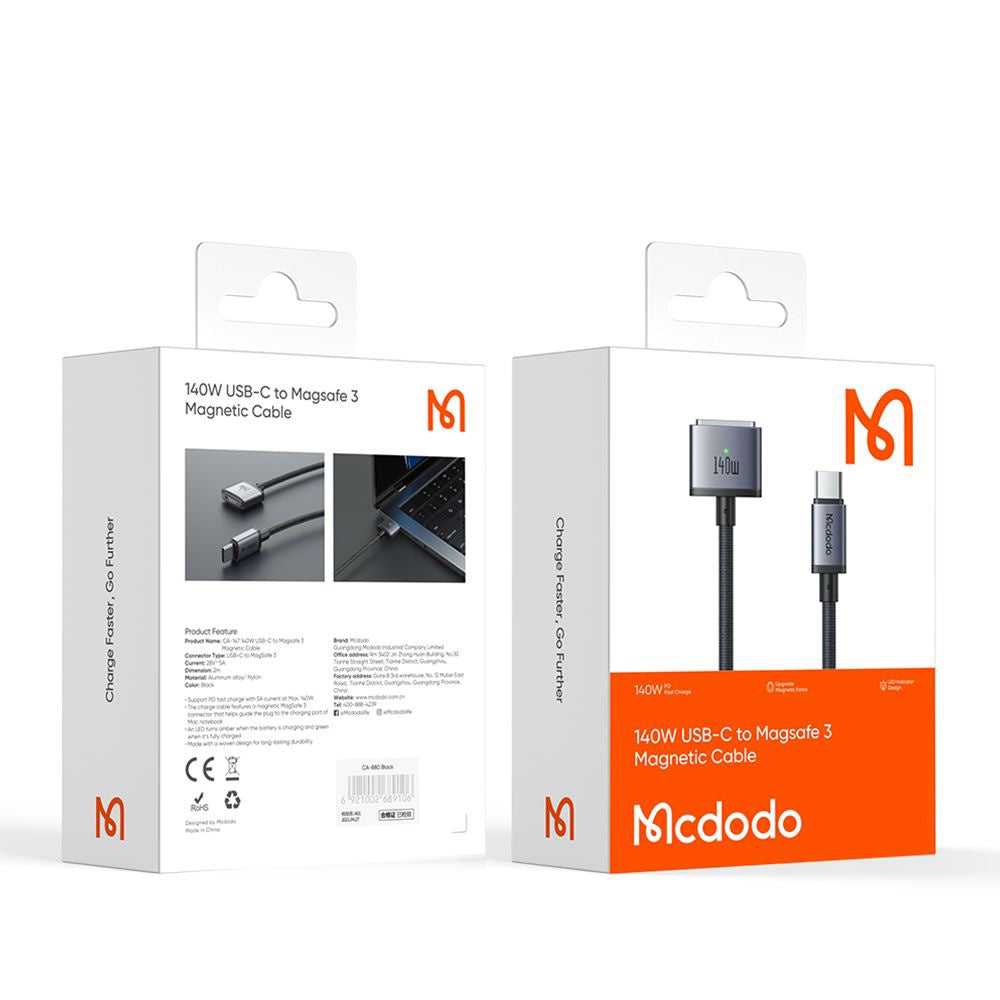Mcdodo - Magnetic Cable (CA-1470) - USB-C to MagSafe 3, 140W, LED Indicator, 2m - Black