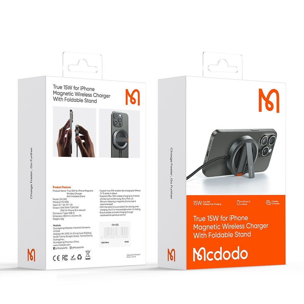 Mcdodo - Wireless Charger (CH-5500) - Magnetic, Stand, 15W, for iPhone, 1m - Grey