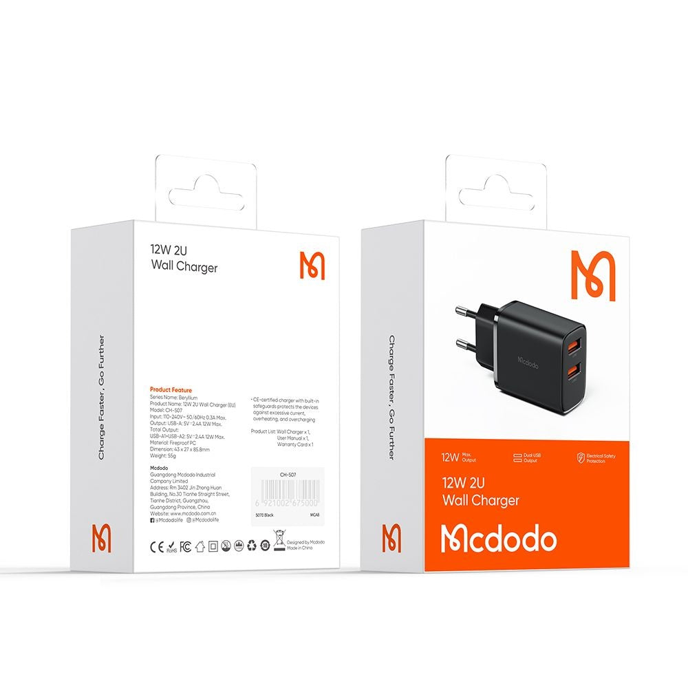Mcdodo - Wall Charger Beryllium Series (CH-5070) - 2x USB-A. 12W, 2A, Fireproof PC - Black