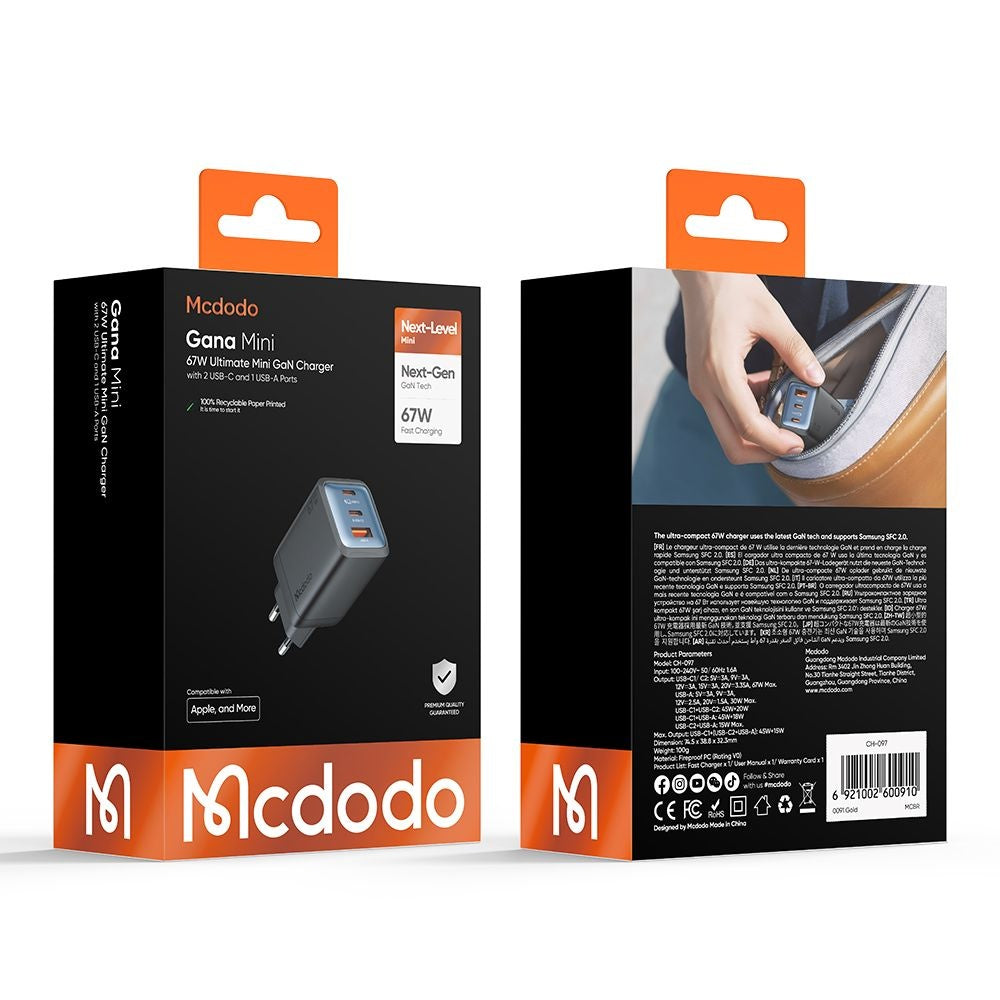 Mcdodo - Wall Charger Gana Mini Series (CH-0970) - 2x USB-C, 1x USB-A, 67W, GaN Technology - Black