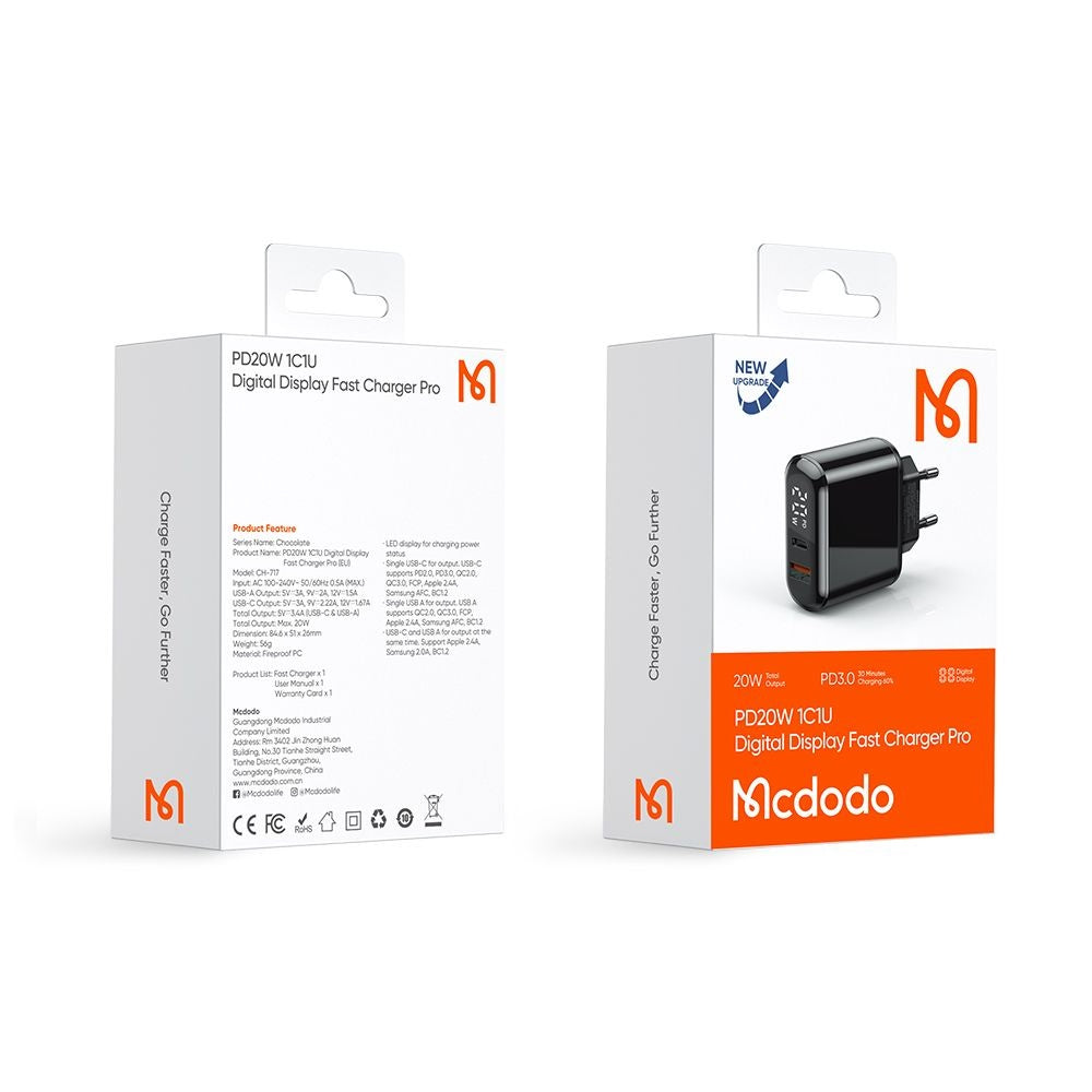 Mcdodo - Wall Charger Chocolate Series (CH-7170) - USB-C/A, 20W, Digital Display, PD + QC - Black