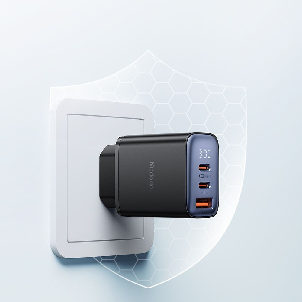 Mcdodo - Wall Charger (CH-2180) - 2x USB-C, 1x USB-A, 30W, Fast Charger, Digital Display - Black