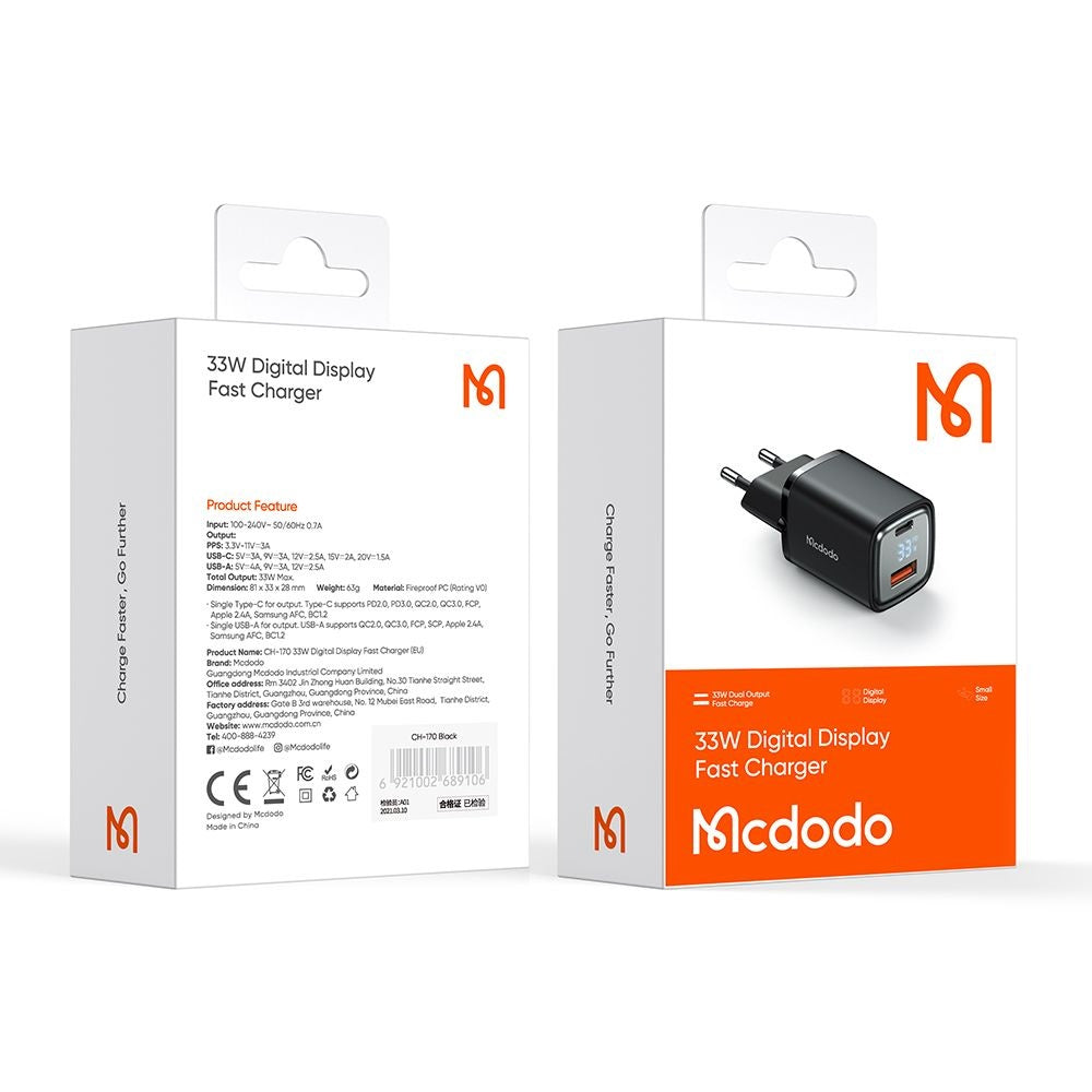 Mcdodo - Wall Charger Graphite Series (CH-1701) - USB-A, USB-C, 33W, Fast Charger, Digital Display - Black