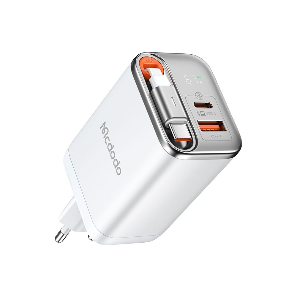 Mcdodo - Wall Charger FreeGo Series (CH-4103) - Built-in USB-C Retractable Cable, USB-A/C, 67W, Digital Display, 65cm - White