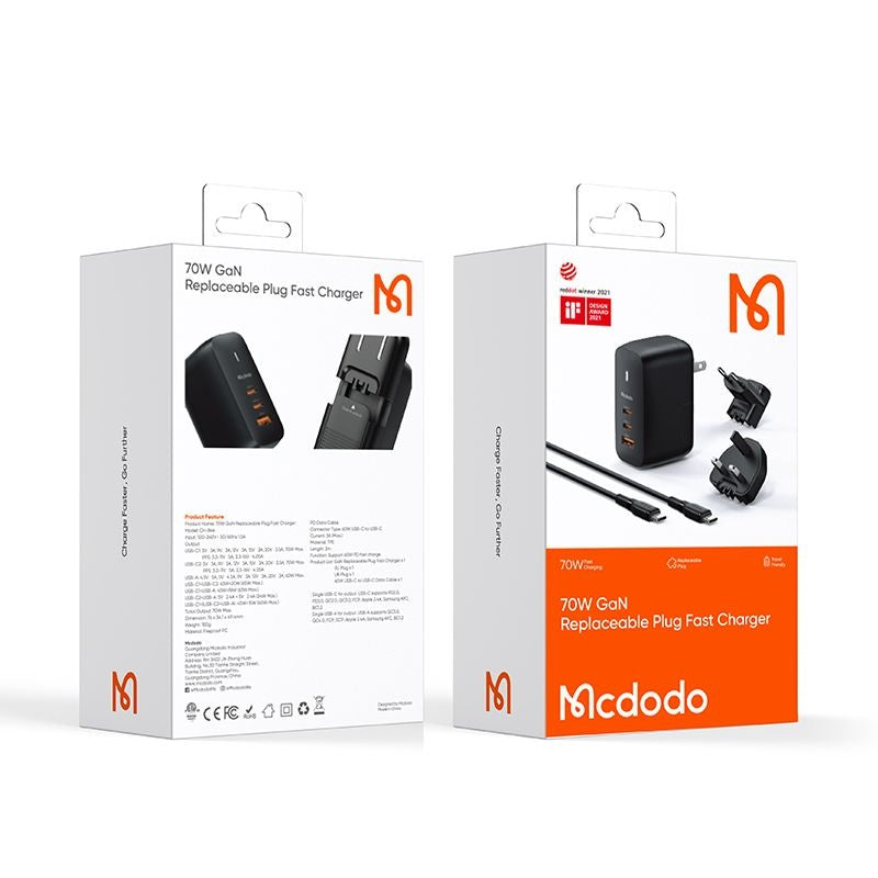 Mcdodo - Travel Adapter Mecha Series (CH-8442) - Cable Included, UK/US/EU Plugs, 65W, 2x Type-C, USB-A - Black