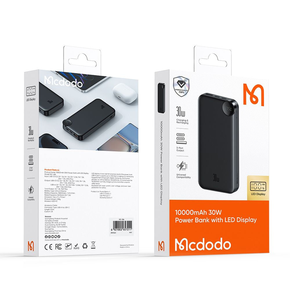 Mcdodo - Power Bank (MC-3850) - USB, 2x Type-C, 10000mAh, 30W, LED Display - Black