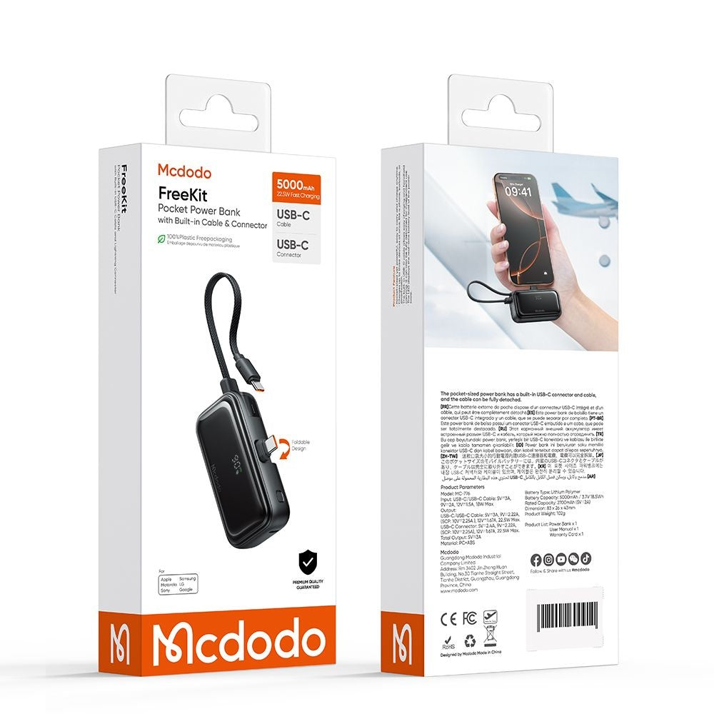 Mcdodo - Power Bank FreeKit Series (MC-7760) - with Built-in Cable & Connector USB-C, 5000mAh, 22.5W - Black