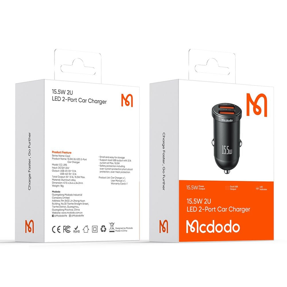 Mcdodo - Car Charger Cool Series (CC-2950) - Dual-Port, 15.5W, Mini Size, 12-24V - Black