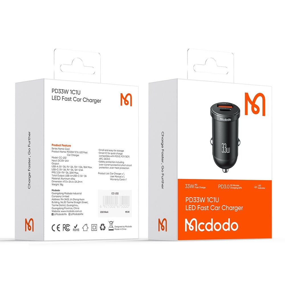 Mcdodo - Car Charger Cool Series (CC-2320) - Dual-Port, Fast Charger, 33W, Mini Size, 12-24V - Black