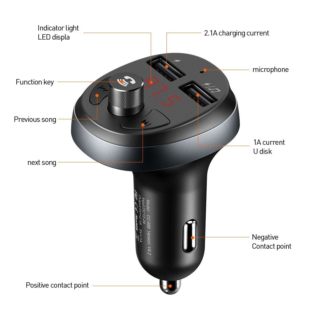 Mcdodo - FM Modulator with Car Charger (CC-6880) - 2x USB-A, with LED Display, 2.1A - Black