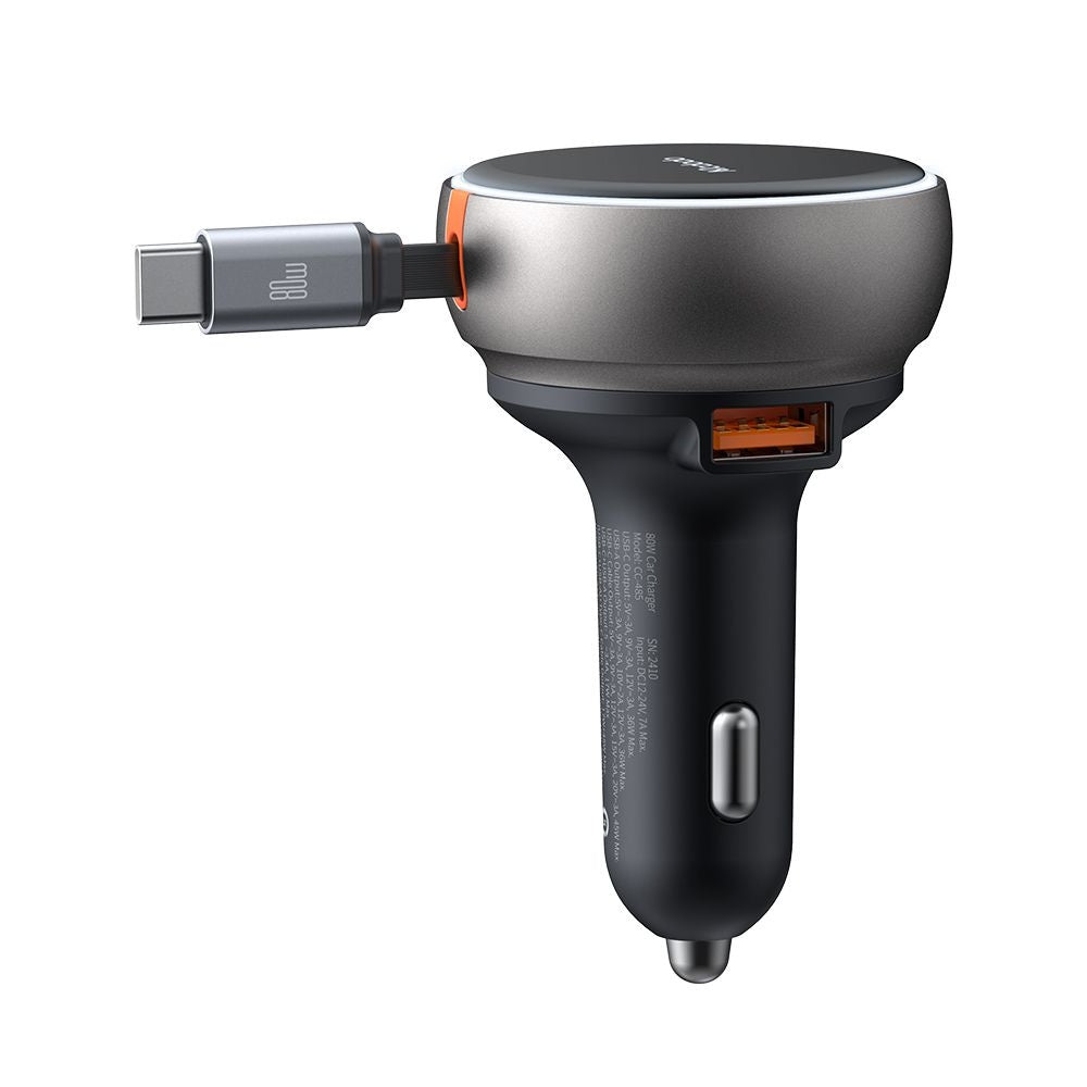 Mcdodo - Car Charger (CC-4850) - with USB-C Retractable Cable, 80W, Dual Port, Indicator Light Ring, 80cm - Black