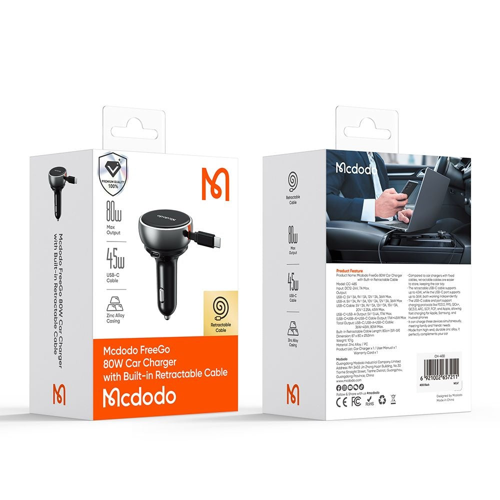 Mcdodo - Car Charger (CC-4850) - with USB-C Retractable Cable, 80W, Dual Port, Indicator Light Ring, 80cm - Black