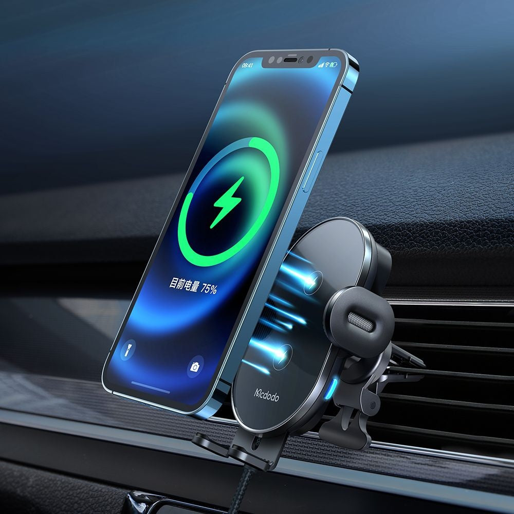 Mcdodo - Car Holder with Wireless Charging (CH-1600) - for Air Vent/Dashboard, Dual Coil, Qi2 15W, One-Hand Operation - Black