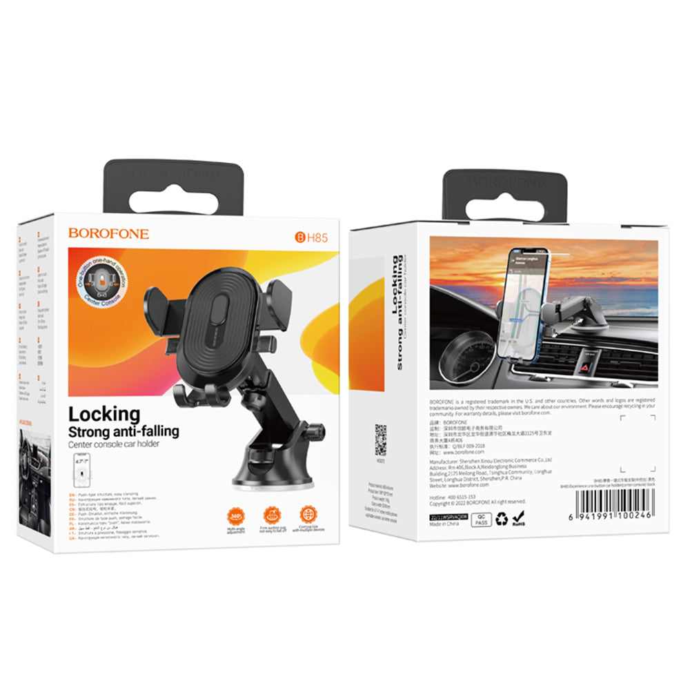 Borofone - Car Holder Experience (BH85) - with Suction Cup, for Dashboard/Windshield, 360° Adjust, Telescopic Arm, 4.7–7" - Black