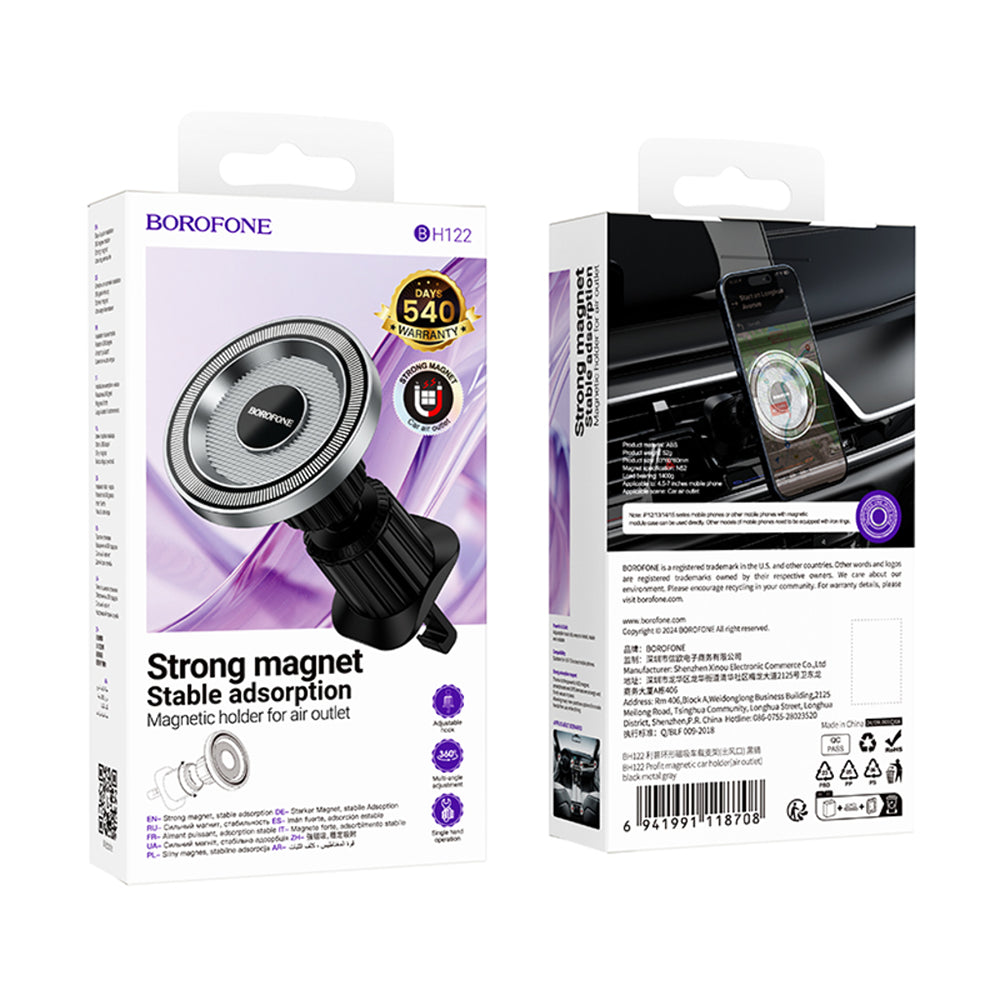 Borofone - Car Holder Profit (BH122) - Magnetic, for Air Vent, 360° Adjust, 4.5–7 inch Phones - Black / Gray