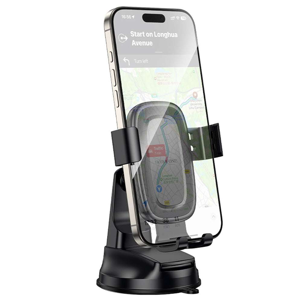 Borofone - Car Holder Follower Gravity (BH130) - for Dashboard/Windshield, 360° Adjust, ABS, Silicone, 6.1-7" - Black