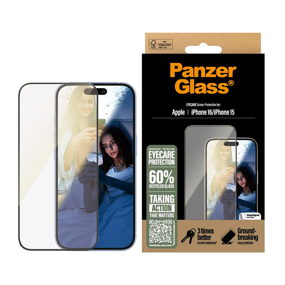 PanzerGlass® - Ultra-Wide Fit EyeCare Screen Protector - iPhone 16 / iPhone 15 - Black