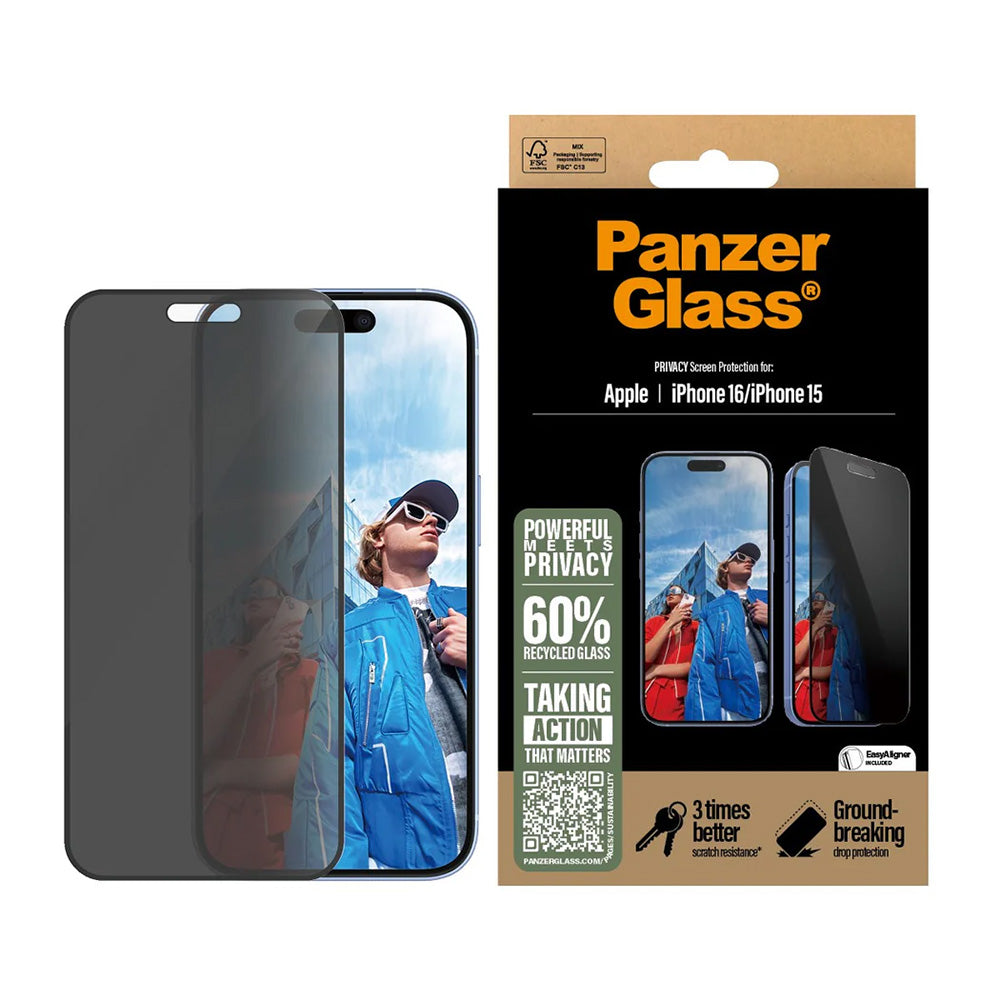 PanzerGlass® - Ultra-Wide Fit Privacy Screen Protector w. EasyAligner - iPhone 16 / iPhone 15 - Black
