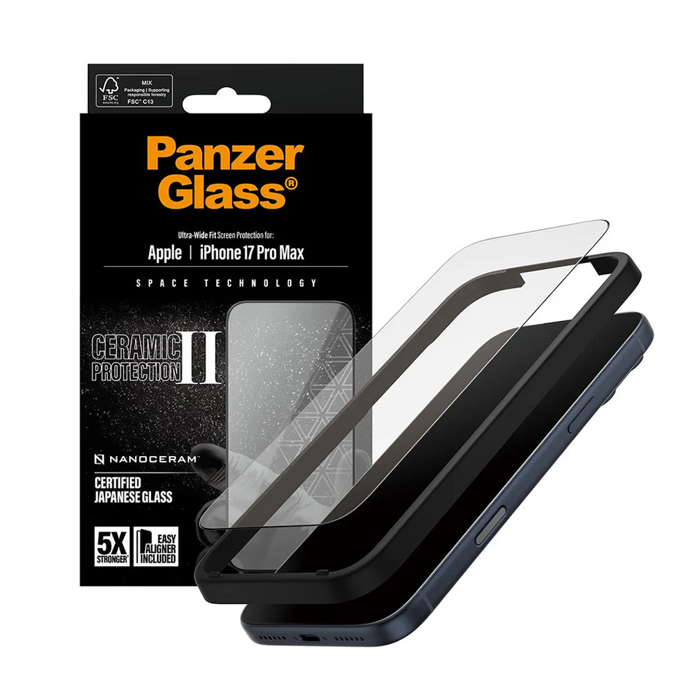 PanzerGlass® - Ultra-Wide Fit Ceramic II Screen Protector w. EasyAligner - iPhone 17 Pro Max - Black
