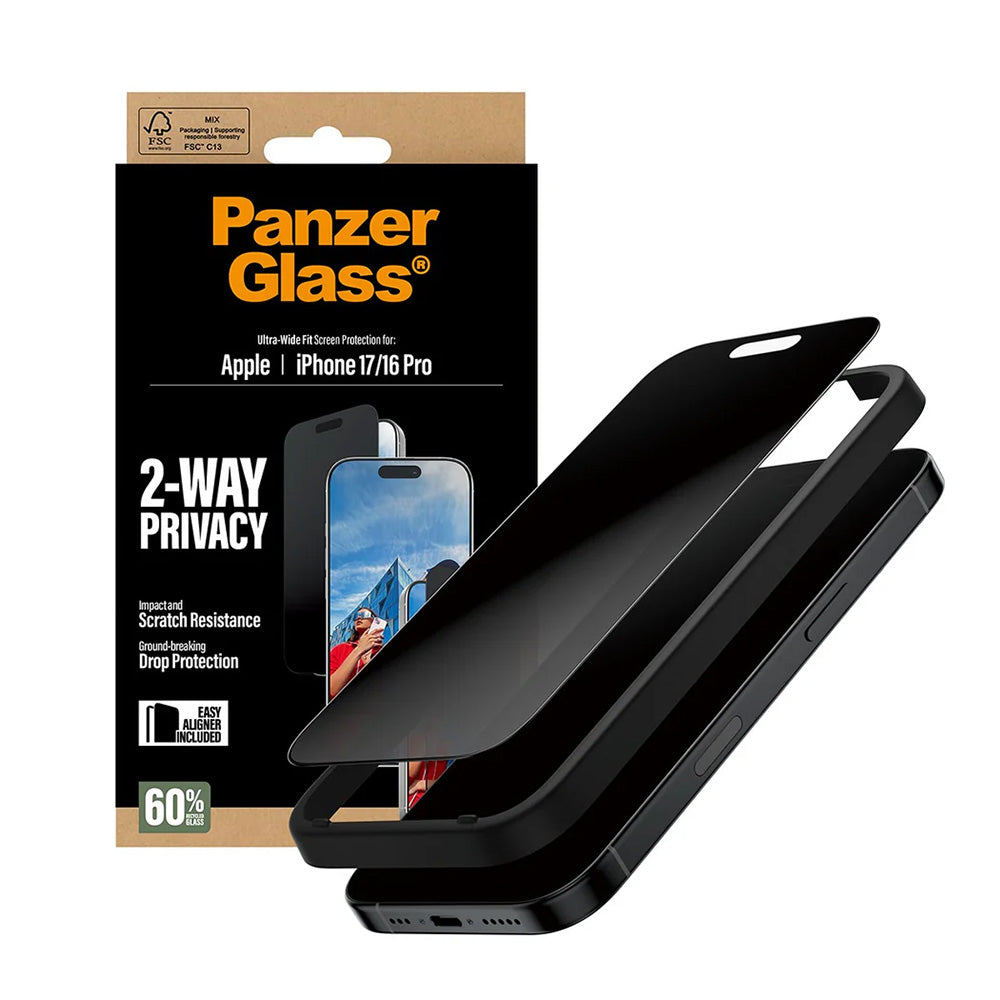 PanzerGlass® - Ultra-Wide Fit 2-Way Privacy Screen Protector w. EasyAligner - iPhone 17 / iPhone 16 Pro - Black