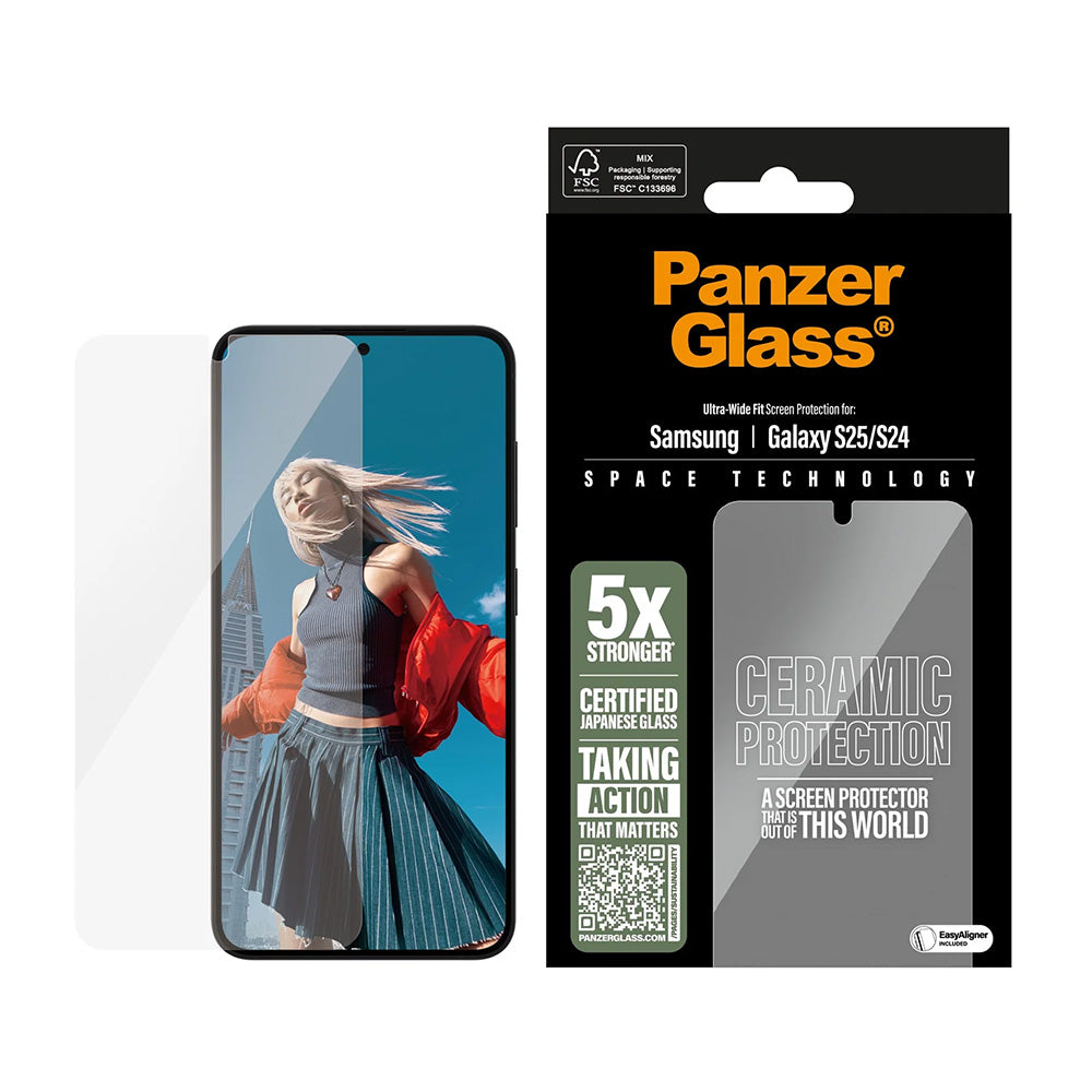 PanzerGlass® - Ultra-Wide Fit Ceramic Screen Protector w. EasyAligner - Samsung Galaxy S25 / S24 - Clear