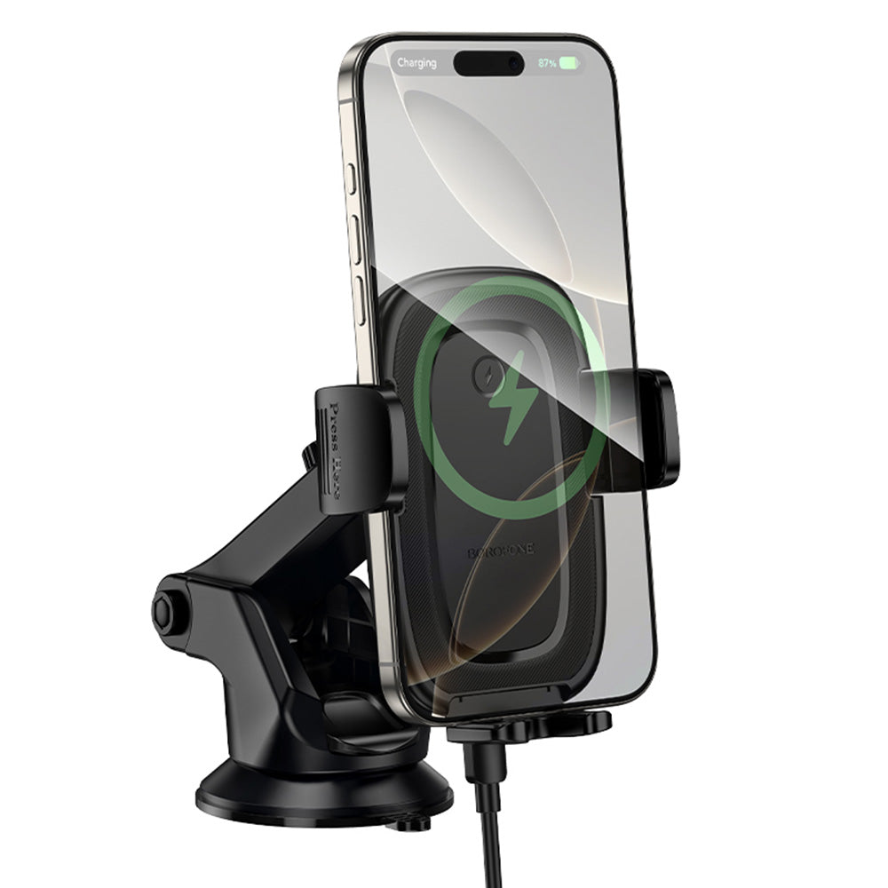 Borofone - Car Holder with Wireless Charging Follower (BH223) - for Windshield/Dashboard, 15W, 4.5-7.0inch - Black