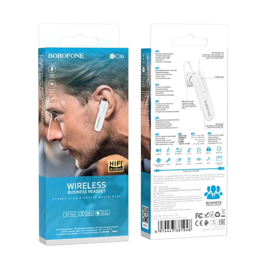 Borofone - Bluetooth Headset Lucky (BC36) - Bluetooth V5.0, 70mAh, Lightweight, Premium Sound - White