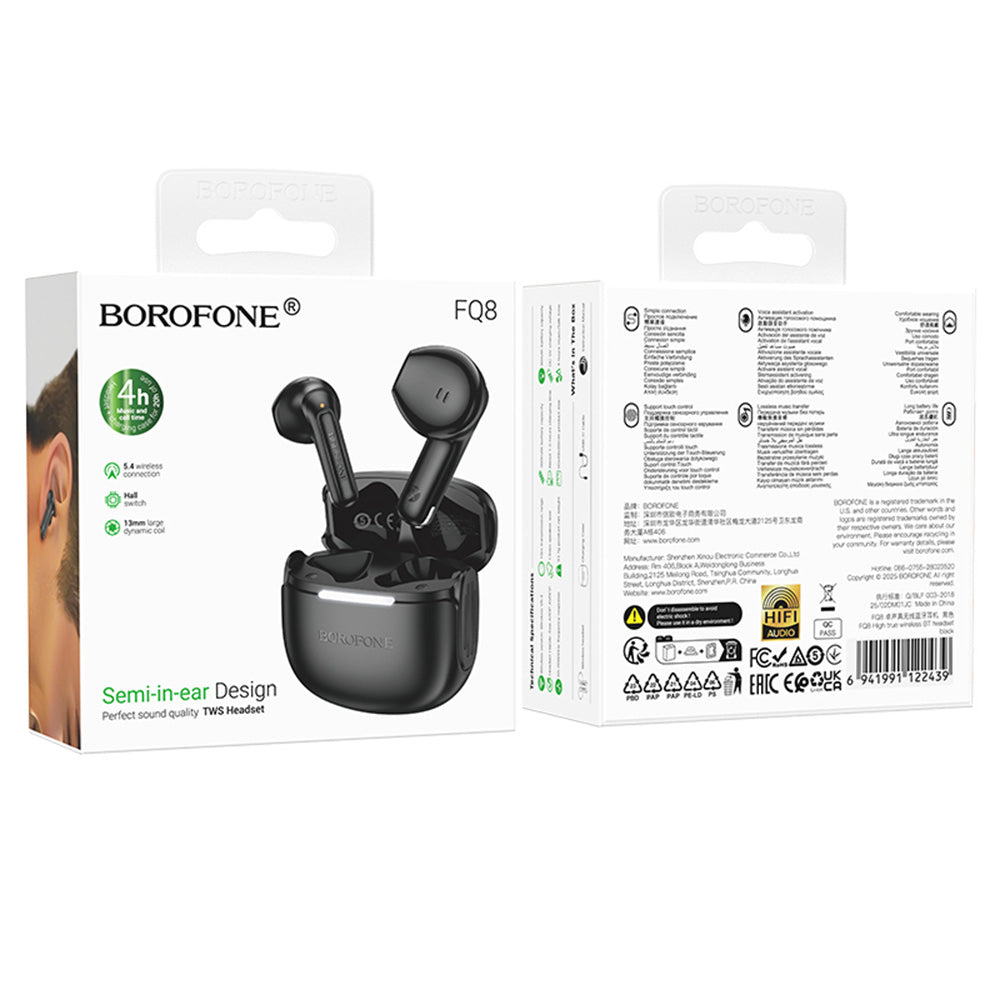 Borofone - Wireless Earbuds High (FQ8) - Bluetooth V5.4, 300mAh, True Wireless, Touch Control - Black