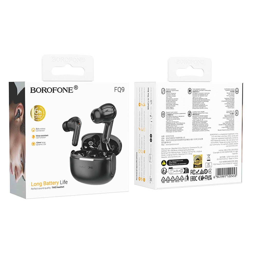 Borofone - Wireless Earbuds Peaceful (FQ9) - Bluetooth V5.4, 300mAh, True Wireless, Touch Control - Black