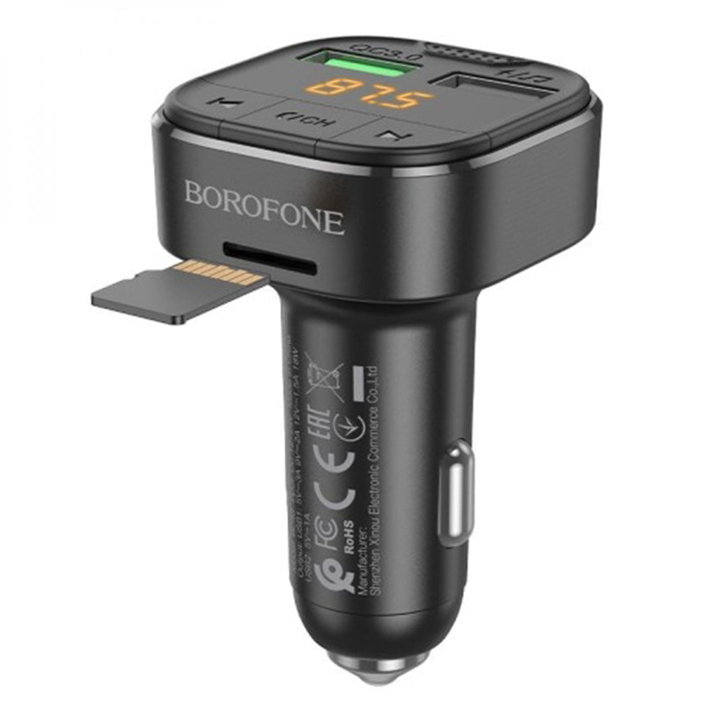 Borofone - FM Modulator and Car Charger Flash (BC43) - Bluetooth V5.0, 2x USB, MicroSD Card Slot, QC3.0, 18W - Black