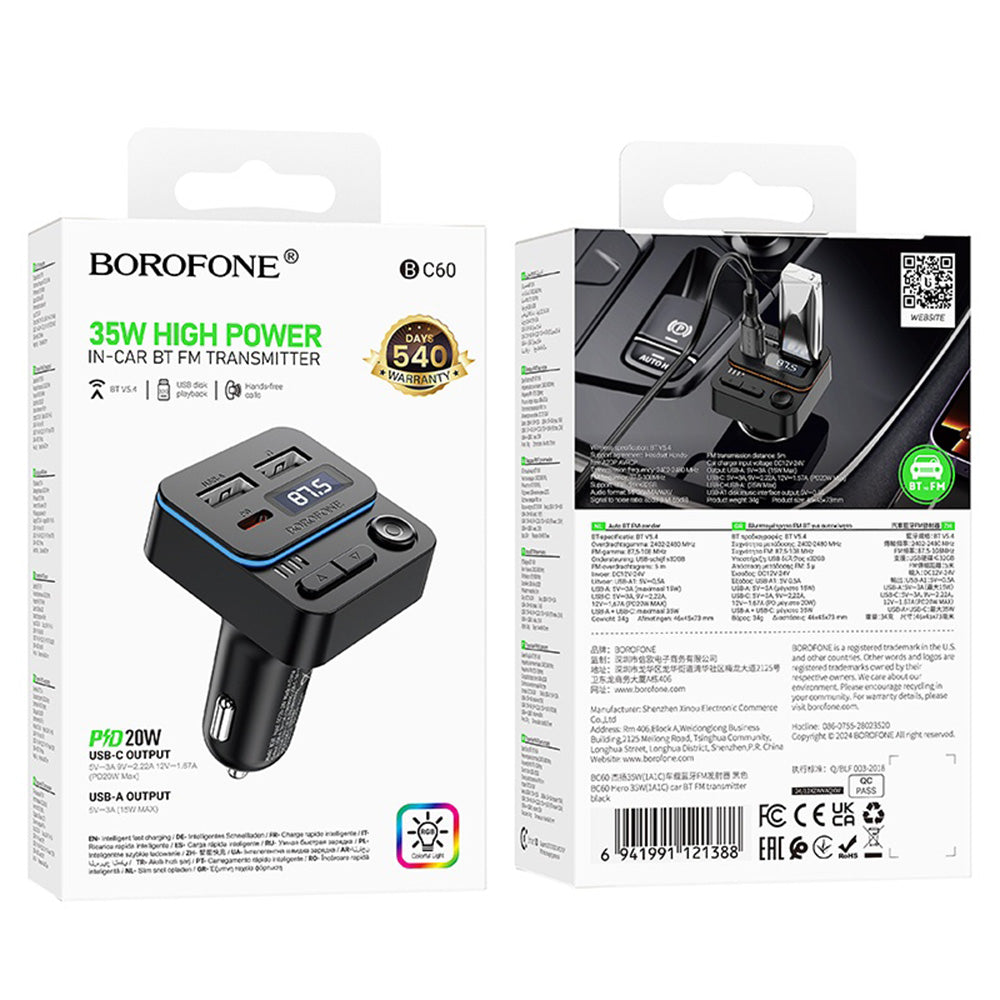 Borofone - FM Modulator and Car Charger Hero (BC60) - Bluetooth V5.4, 2x USB, Type-C, 35W, MP3 - Black