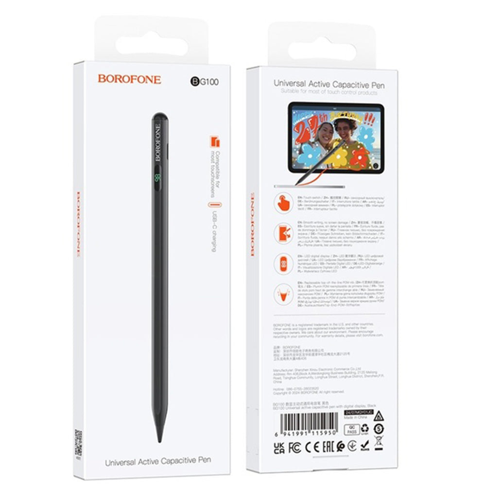 Borofone - Universal Active Capacitive Stylus Pen (BG100) - with Digital Display, 130mAh, Aluminum Alloy - Black