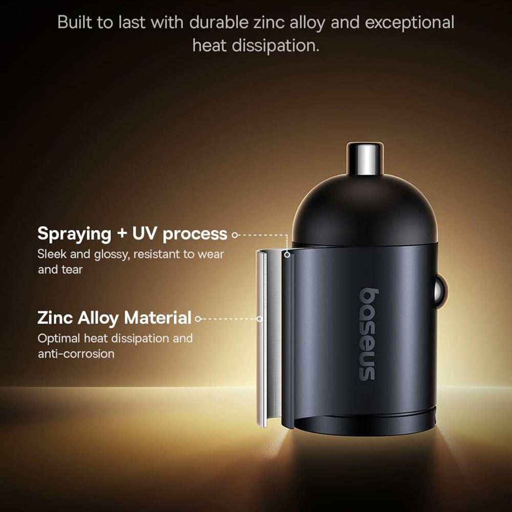 Baseus - Car Charger Tiny Star Mini (C00035001121-03) - 2x Type-C, 30W, with Built-in Pull Handle, 12V to 24V - Black