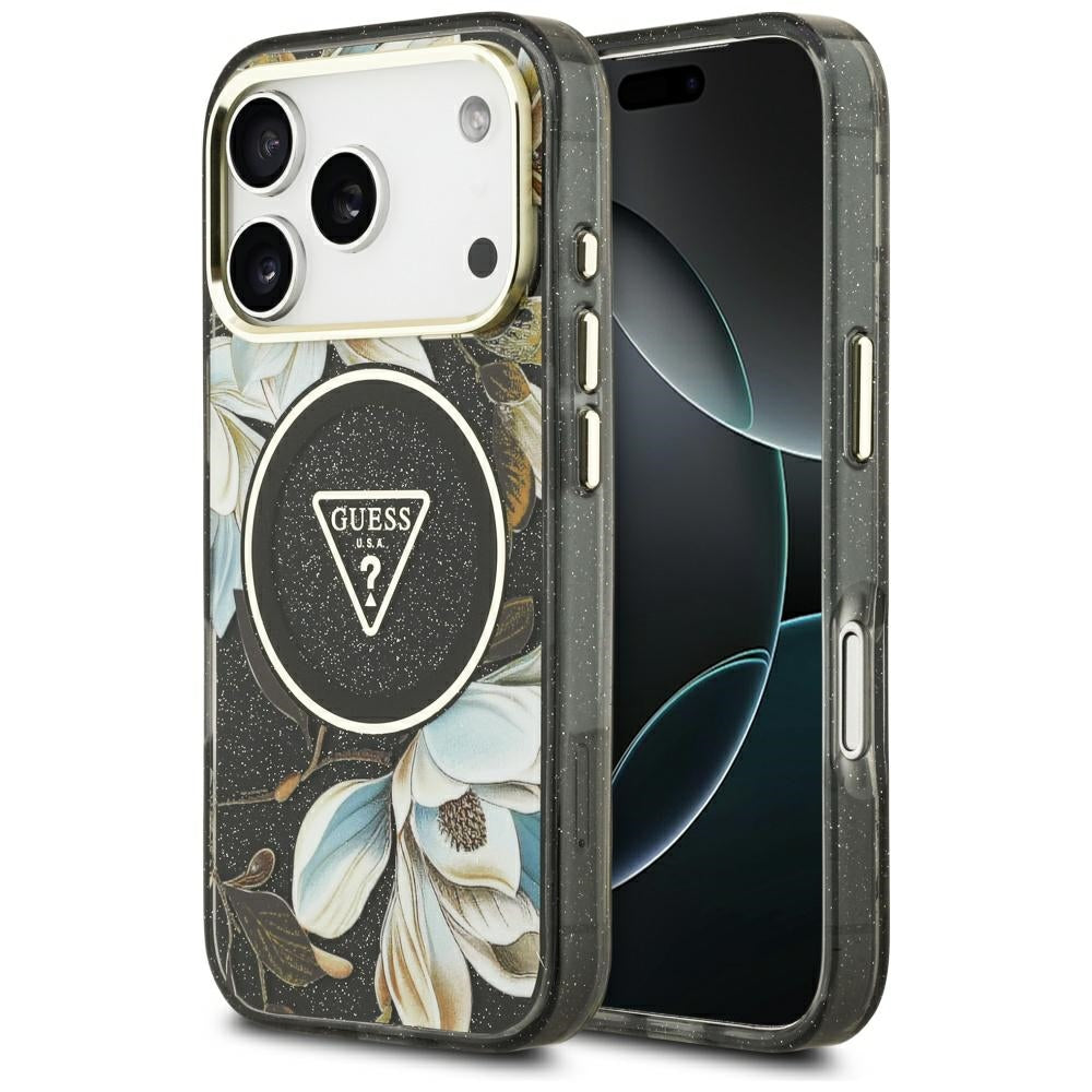 Guess - IML Metal Glitter Flowers Triangle MagSafe (GUHMP17XHFLPEDK) - iPhone 17 Pro Max - Black