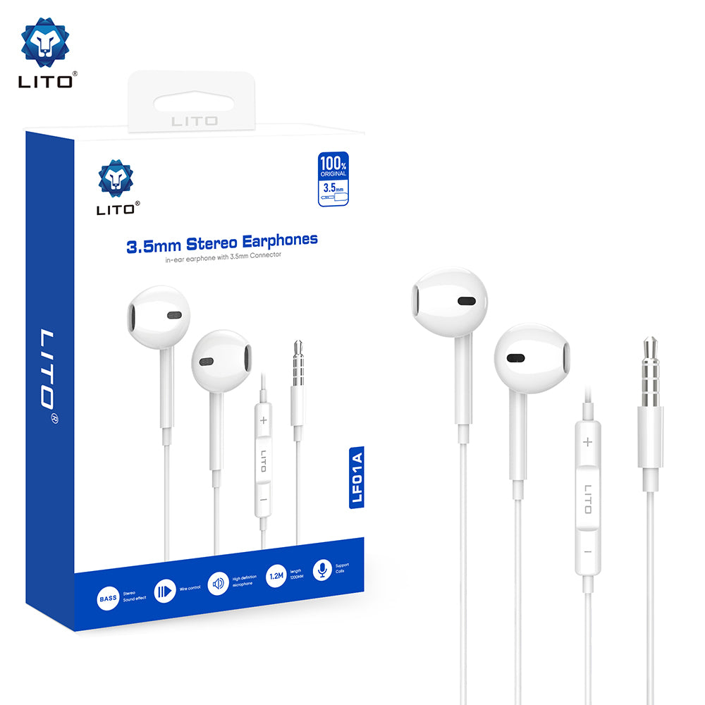 Lito - Wired Earphones (LF01A) - Jack 3.5mm, Stereo, Half In-ear, with HD Microphone, 1.2m - White
