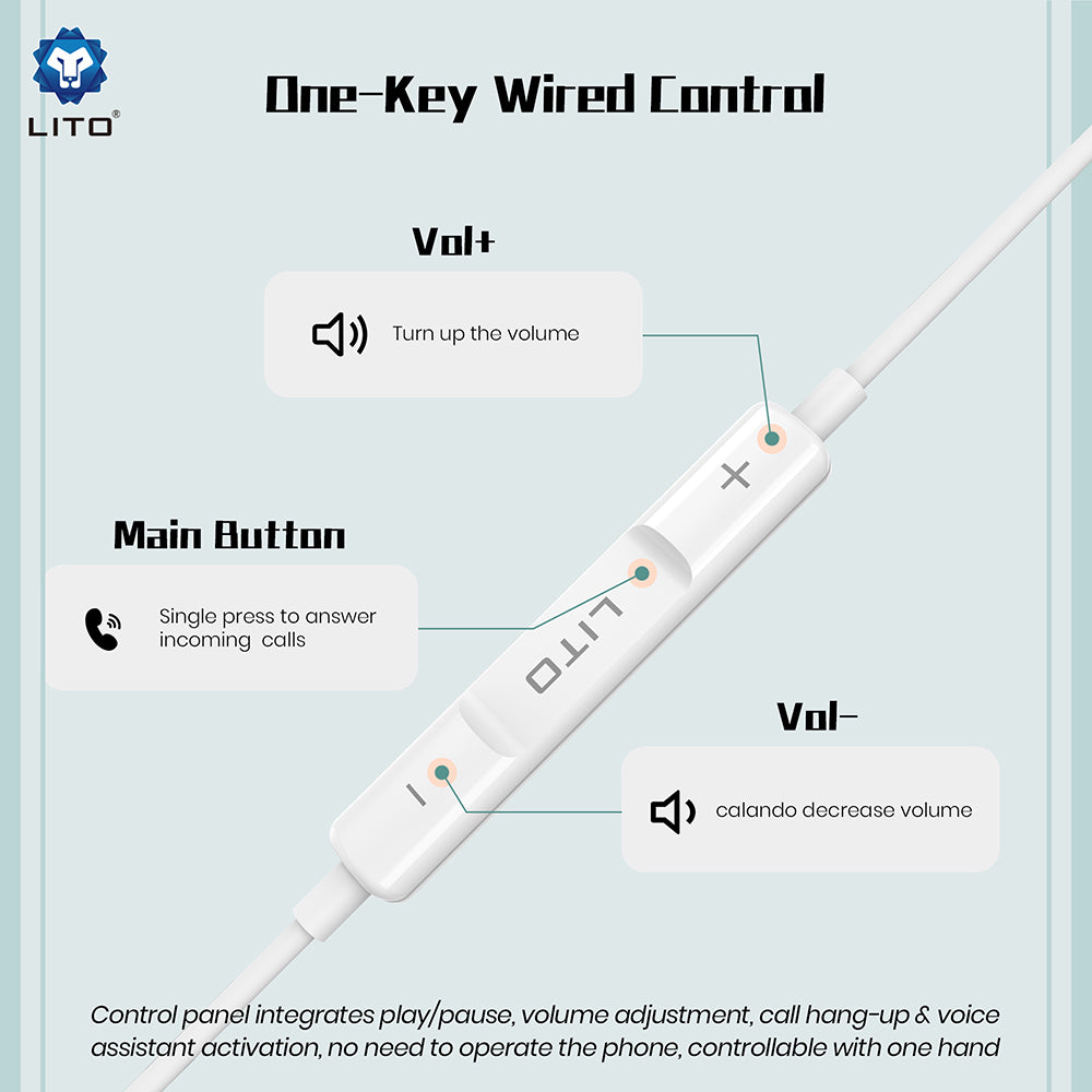 Lito - Wired Earphones (LF01A) - Jack 3.5mm, Stereo, Half In-ear, with HD Microphone, 1.2m - White