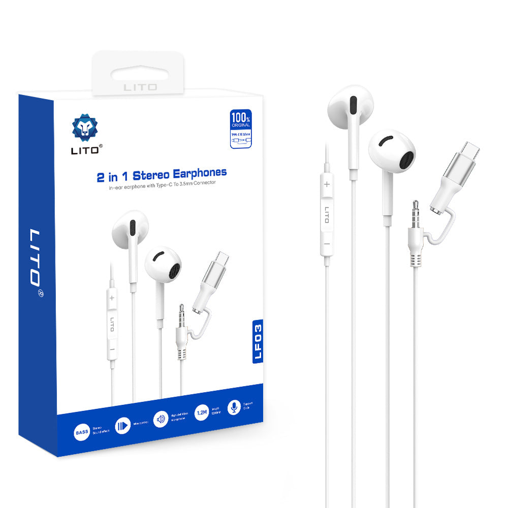 Lito - Wired Earphones (LF03) - Jack 3.5mm, Type-C, Stereo, Half In-ear, with HD Microphone, 1.2m - White
